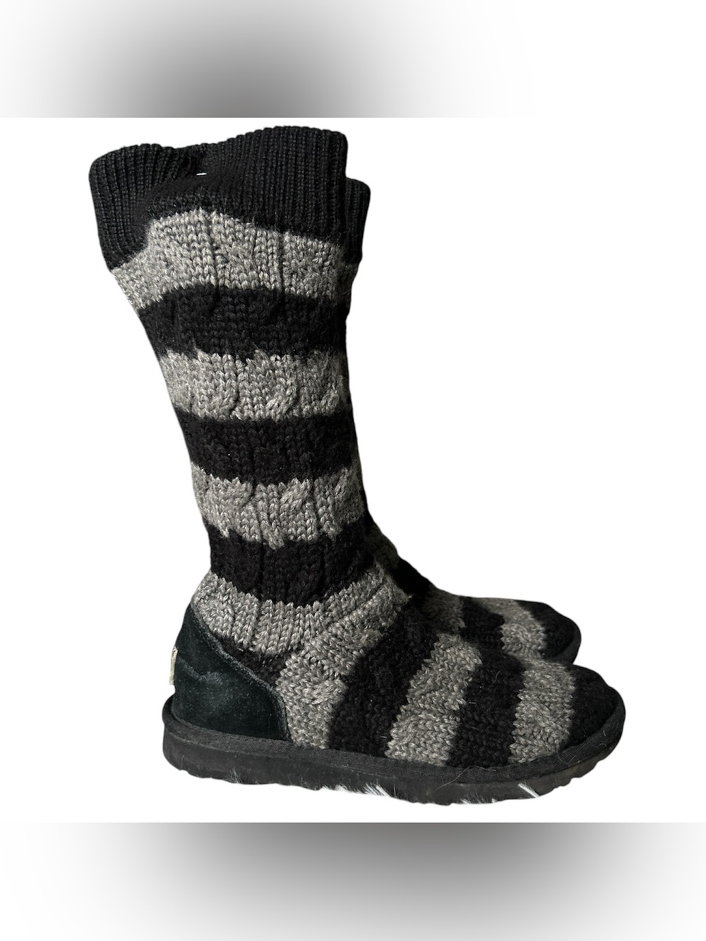 Y2K Grunge “UGG Australia” Black and Gray Stripe Knitted Mid-Calf Boots